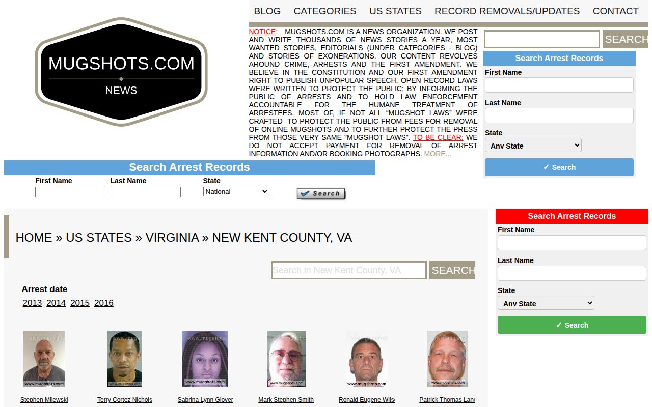 New Kent County older booking-record index with date navigation